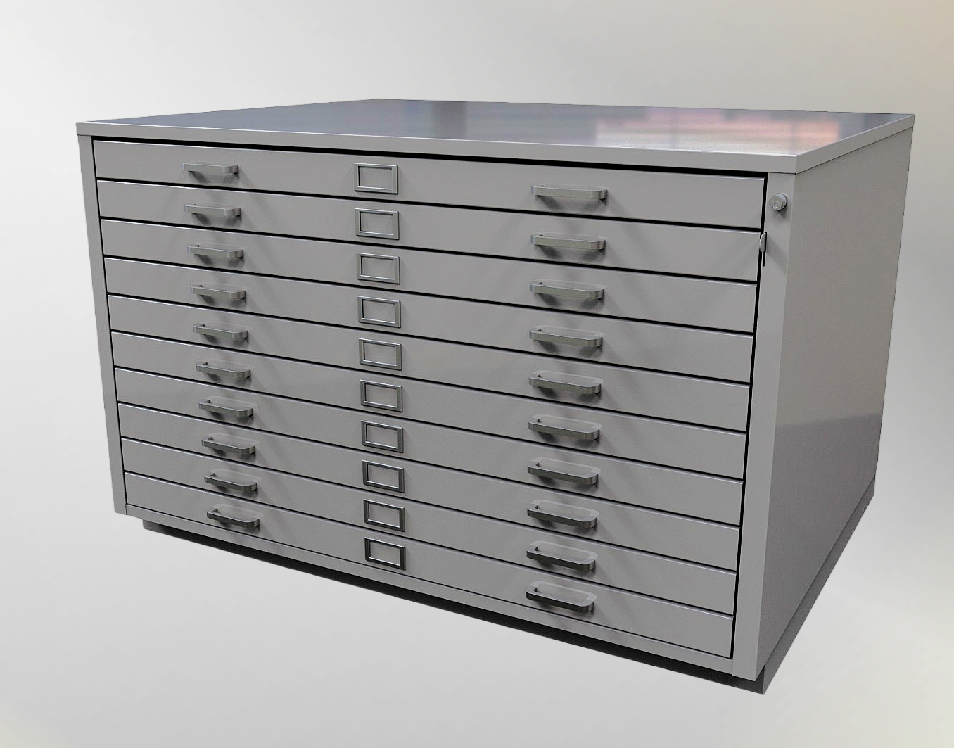 Metal flat-file map cases and oversized drawers for large-format archival materials